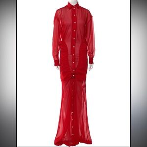 Elegant Red Sheer Maxi Dress, Y/Project Avant-Garde Sheer Red Maxi Shirt Dress